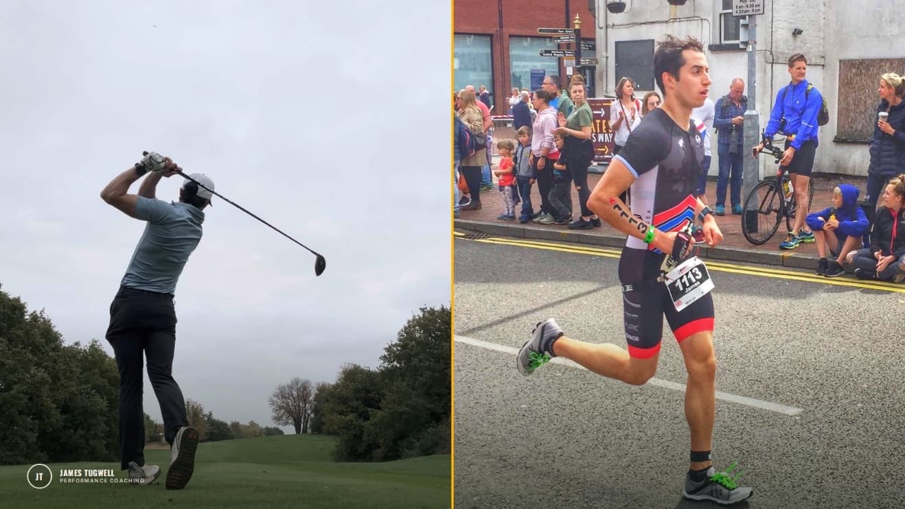 James Tugwell mid golf swing on the fairway, alongside James running during a triathlon